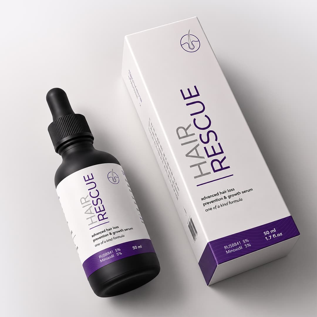 Hair Rescue Serum bottle with RU58841 and Minoxidil label